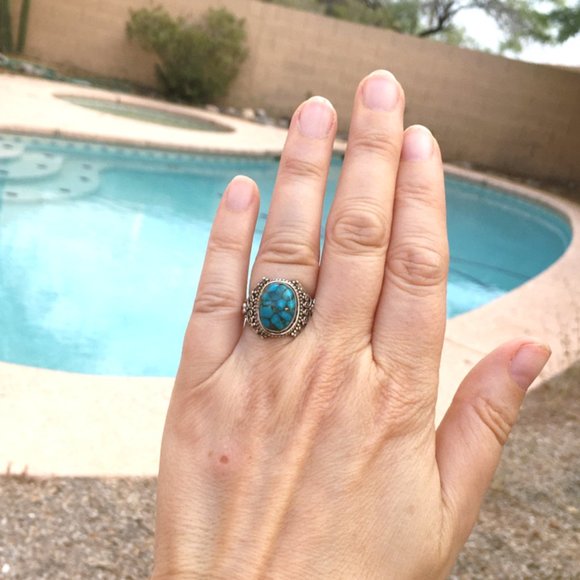 Blue Copper Turquoise .925 Ring Ornate Silver - Picture 4 of 16
